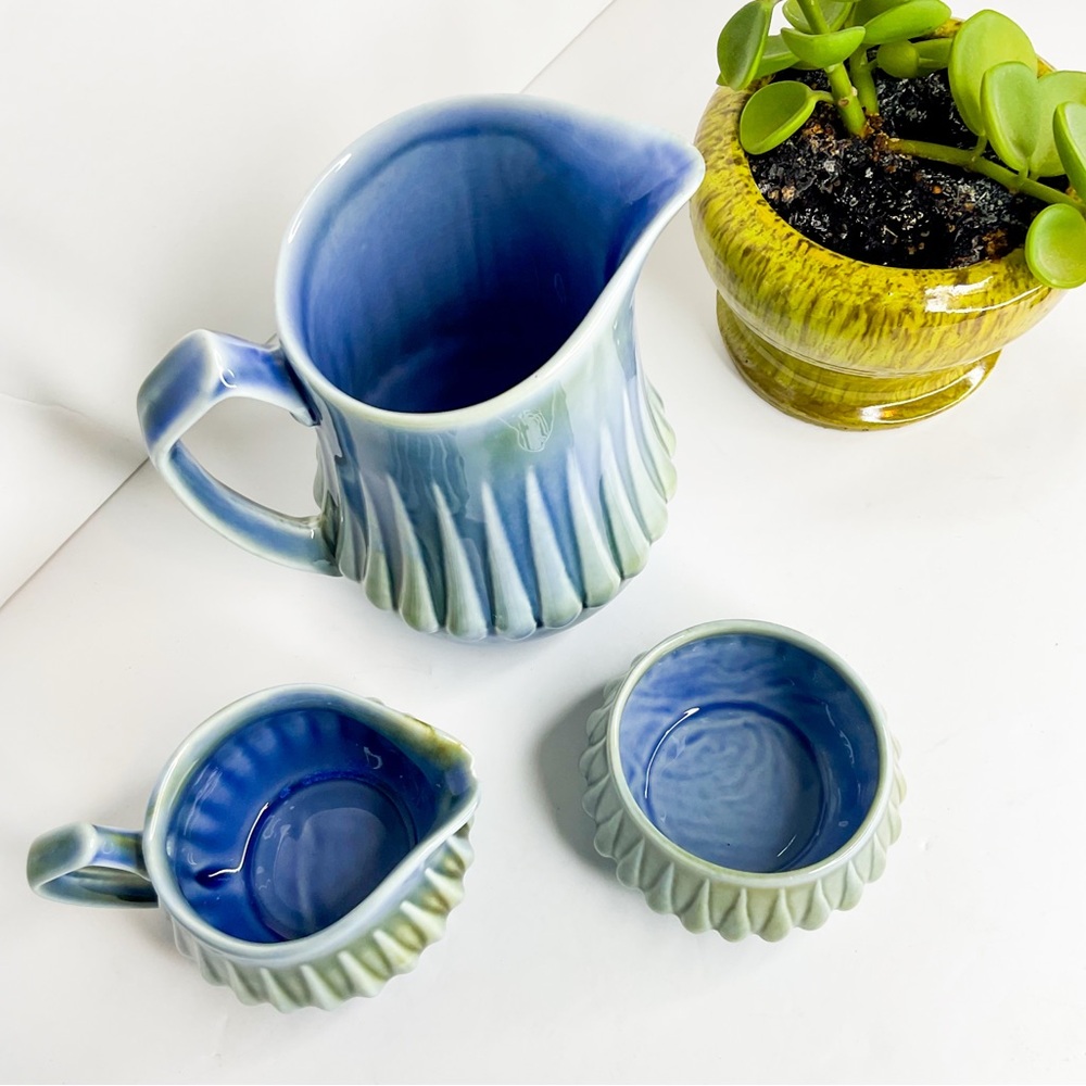 VINTAGE Irish Ceramic Pottery Tea Set – Blue & Green Glaze with Creamer & Sugar - Picture 3 of 7